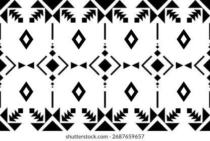 Patrón tribal geométrico sin fisuras en blanco y negro. Fondo étnico Abstractas con Formas de diamantes y Elementos de flecha, perfecto para impresiones textiles, Fondos de pantalla, papel de regalo y moderno.