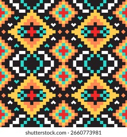 Padrão tribal geométrico contínuo com um estilo de arte de pixel em negrito. Tons de vermelho brilhante, amarelo, turquesa e preto. Ideal para tecido de moda, impressão digital e projetos de design têxtil.