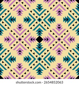 Seamless Geometric Tribal Pattern with Colorful Arrows and Triangles in Purple, Teal, and Black on Beige Background – Abstract Ethnic Style for Fabric, Wallpaper, and Decorative Design Projects