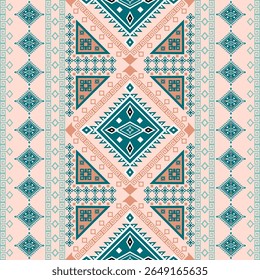 Seamless Geometric Tribal Pattern with Diamond Motifs and Ornamental Borders in Teal and Peach Tones, Traditional Ethnic Textile Inspired Design for Fabric, Wallpaper, and Decorative Prints