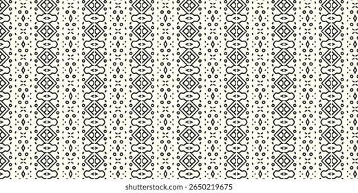 Padrão tribal geométrico contínuo com motivos em diamante e linhas desenhadas à mão, ideal para fundos têxteis, papel de parede ou digitais. Os elementos padrão, geométricos e tribais dominam.