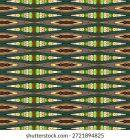 Padrão tribal geométrico contínuo com tons de verde e marrom, fundo abstrato decorativo com padrão, textura, design, simetria.