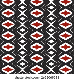Seamless geometric tribal pattern featuring red, black, and white diamond shapes. Symmetrical ethnic design with a bold and abstract aesthetic, perfect for textile prints, backgrounds, and cultural-in