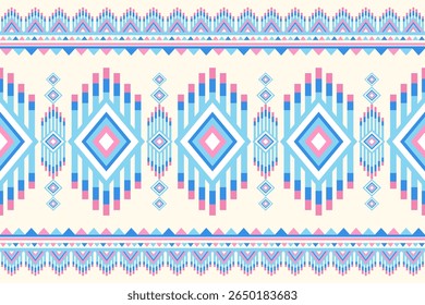 A seamless geometric tribal pattern featuring diamond and zigzag elements in a soothing palette of blue pink and cream colors