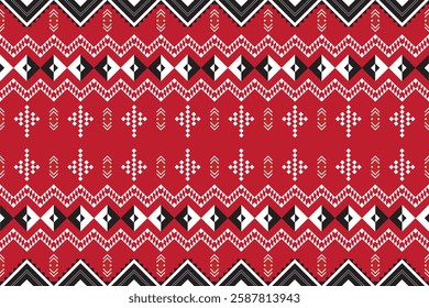 Seamless geometric tribal pattern in red, black, and white. Inspired by traditional ethnic designs, this bold symmetrical textile print is perfect for fashion, decor, and backgrounds.