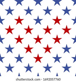 Seamless geometric USA vector pattern with blue and red stars forming a heart shape on white background. Gift wrapping paper, interior, cloth, fabric or web design.