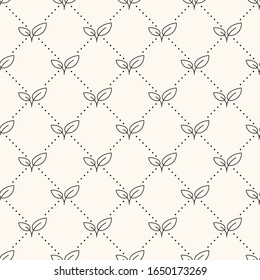 Seamless geometric vector floral pattern with small leaves in monochrome and polka dot. Cute simple nature background for prints, textures, fabric and web design.