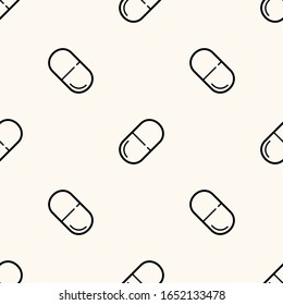 Seamless geometric vector medicine pattern with pills and capsules in line style. Healthcare illustration with repeatable tablet icons. Pharmacy drugstore concept background.