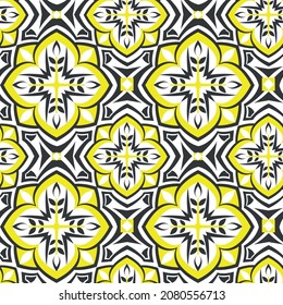 Seamless geometric vector ornament in arabesque style in blue-yellow colors. Pattern for packaging, textiles, surfaces.