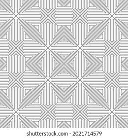 Seamless geometric vector pattern. Abstract background with repeating geometric shapes. Thin line. Ethnic motif. For the cover, of cards, wallpaper, fabric. Vector graphic.