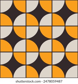 Seamless geometric vector pattern. Abstract background with circles divided into four equal parts. Vector illustration. Bauhaus constructive style tiles. Brown, yellow, beige colors seamless pattern.