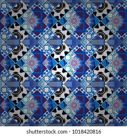 Seamless geometric vector pattern in blue, white and black colors. Oriental style.