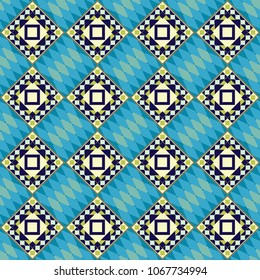 Seamless geometric vector pattern in blue, beige and green colors. Oriental style.