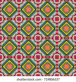 Seamless geometric vector pattern in blue, neutral and green colors. Oriental style.