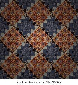 Seamless geometric vector pattern in blue, orange and brown colors. Oriental style.