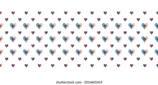 Seamless geometric vector pattern Border with hearts. Cute repeating texture in polka dot style in off-white, red and blue colours. Great for prints, stationery, home decor.