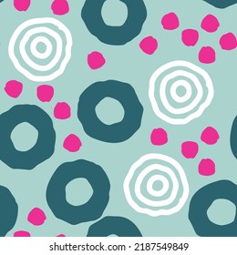 Seamless geometric vector pattern, circles and dots. Happy positive composition and colours for fabric design, textile print, wallpaper, scrapbook, wrapping paper. Childish, sporty, fashionable style.