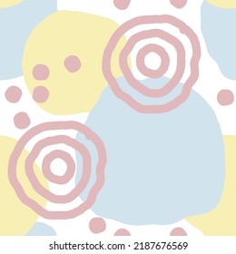 Seamless geometric vector pattern, circles and dots. Happy positive composition and colours for fabric design, textile print, wallpaper, scrapbook, wrapping paper. Childish, sporty, fashionable style.