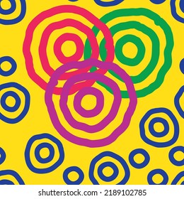 Seamless geometric vector pattern, circles and dots. Happy positive composition and colours for fabric design, textile print, wallpaper, scrapbook, wrapping paper. Childish, sporty, fashionable style.
