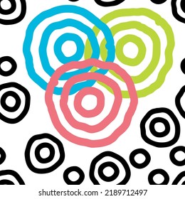 Seamless geometric vector pattern, circles and dots. Happy positive composition and colours for fabric design, textile print, wallpaper, scrapbook, wrapping paper. Childish, sporty, fashionable style.
