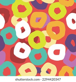 Seamless geometric vector pattern, circles and dots. Happy positive composition and colours for fabric design, textile print, wallpaper, scrapbook, wrapping paper. Childish, sporty, fashionable style.