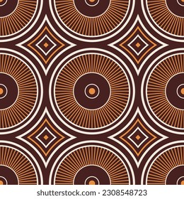 Seamless geometric vector pattern with circles, rhombuses. Vintage pattern design. White, orange, brown colors. Color vector background for textile, fabric, design. Vector illustration.