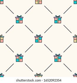 Seamless geometric vector pattern with colored flat gift box icons with lines. Wrapping box with ribbon repeatable illustration in cartoon style. Simple background with present boxes.