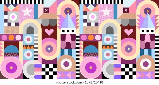 Seamless geometric vector pattern with different shapes and decorative elements. Festive background.
