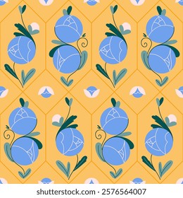 Seamless geometric vector pattern featuring abstract blue rose flowers with rectangle details. Ideal for textile design, wallpaper, gift wrapping, cover, poster and digital projects