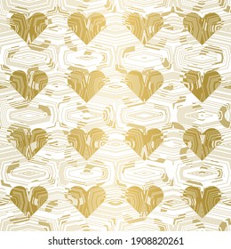 Seamless geometric vector pattern with golden hearts connected with line texture. Gold stylised line pattern on white background. Irregular abstract ornamental illustration for fashion and interior. 