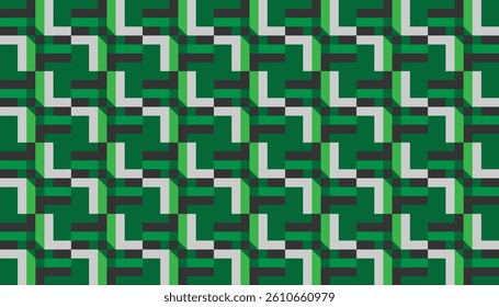 Seamless geometric vector pattern with green, black, and white interlocking L-shapes. Modern and retro fusion style, ideal for digital backgrounds, textiles, and surface design