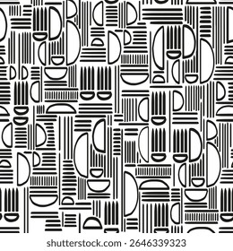 Seamless geometric vector pattern with hand drawn shapes and lines. Modern tribal style in white and black. Template for textile, wrapping paper, stationery, backgrounds, and decor