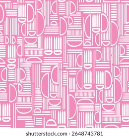 Seamless geometric vector pattern with hand drawn shapes and lines. Modern tribal style in white and pink. Template for textile, wrapping paper, stationery, backgrounds, decor