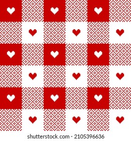 Seamless geometric vector pattern with hearts for Valentine's Day. Pixel textured red white gingham check plaid for gift paper, tablecloth, picnic blanket, other fashion textile design. Vichy print.