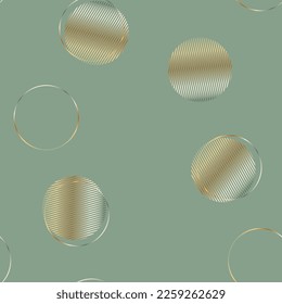 Seamless geometric vector pattern with metallic circles on light green backdrop. Silver or golden gradient shapes is perfect for gift decoration, stationery, wrapping paper, prints, cards and posters