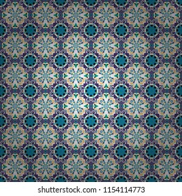 Seamless geometric vector pattern. Modern ornament with white, violet and blue elements. Geometric abstract pattern.