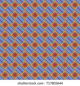 Seamless geometric vector pattern. Modern ornament with violet, blue and orange elements. Geometric abstract pattern.
