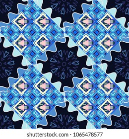 Seamless geometric vector pattern, oriental style in black, beige and blue colors.