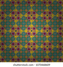 Seamless geometric vector pattern, oriental style in brown, blue and red colors.
