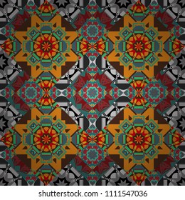 Seamless geometric vector pattern, oriental style in orange, gray and blue colors.