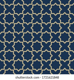 Seamless geometric vector pattern in oriental style. Abstract retro vector texture. Vintage Islamic wallpaper. Lattice graphic design. Vector modern tiles pattern in gold and dark blue.