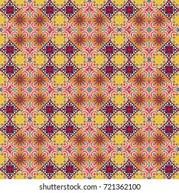 Seamless geometric vector pattern, oriental style in yellow, beige and orange colors.