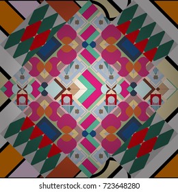 Seamless geometric vector pattern, oriental style in green, pink and gray colors.