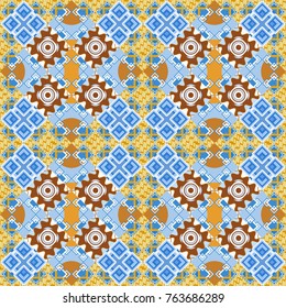 Seamless geometric vector pattern, oriental style in orange, blue and gray colors.