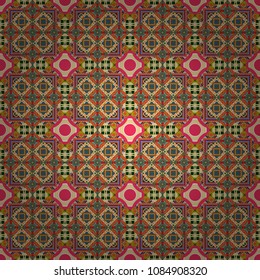 Seamless geometric vector pattern in pink, orange and beige colors. Oriental style.