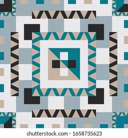 Seamless geometric vector pattern with squares and triangles. Light blue, grey and turquoise wallpaper design. Ideal for flooring, kitchen tiles.