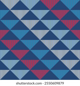 Seamless geometric vector pattern with striped triangles. Colorful geometric vector pattern. Simple vector color background. Repeating striped triangles pattern.