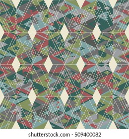Seamless geometric vector pattern of triangles in hipster style. Pale green and red shades. White thin line ornament with rhombuses in foreground.