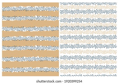 Seamless Geometric Vector Patterns. Hand Drawn Abstract Print with Dark Blue Circles and White Stripes Isolated on a Gold Background. Navy Blue and Gold Dots on a White Layout. Funny Doodle Prints.