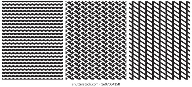 Seamless Geometric Vector Patterns. Regular White Chevron and Lines Isolated on a Black Background. White Geometric Ornament on a Black Layout. Simple Abstract Design Vector Print for Fabric, Textile.